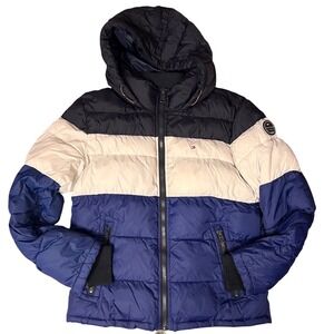 Tommy Hilfiger Puffer Jacket Mens‎ M Full Zip Hooded Striped Color Block Coat